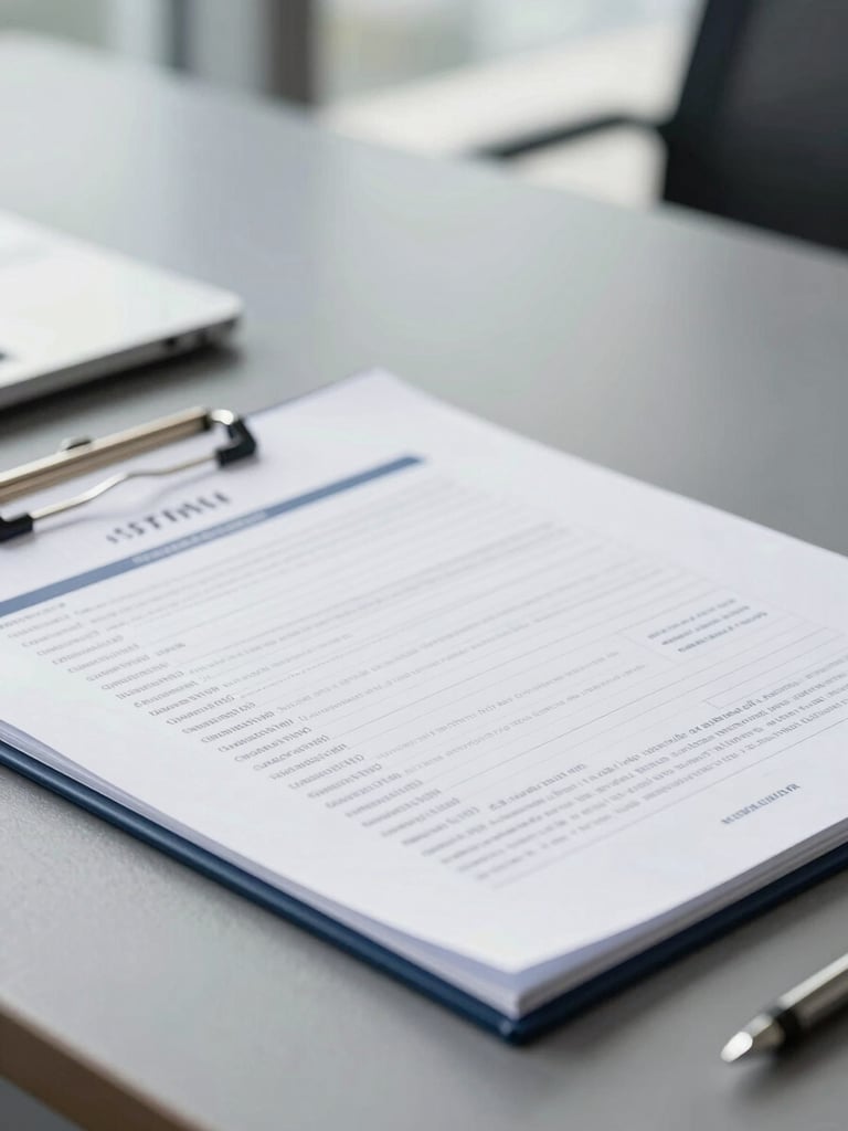 Close-up of business documents on a slate grey table, clean corporate lighting, structured architectural lines in background, sharp focus, 35mm