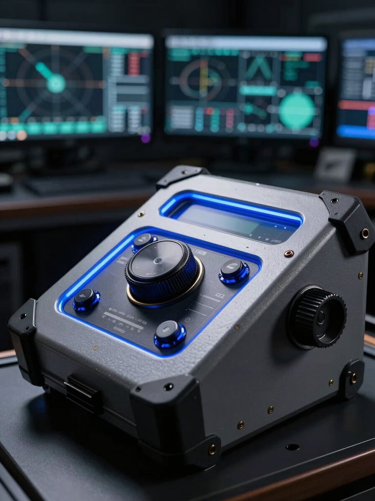 Close-up macro shot of a ruggedized weapon control panel, engineers analyzing telemetry data on multi-screen consoles in a blurred dark background, cold metallic tones, dramatic blue rim light