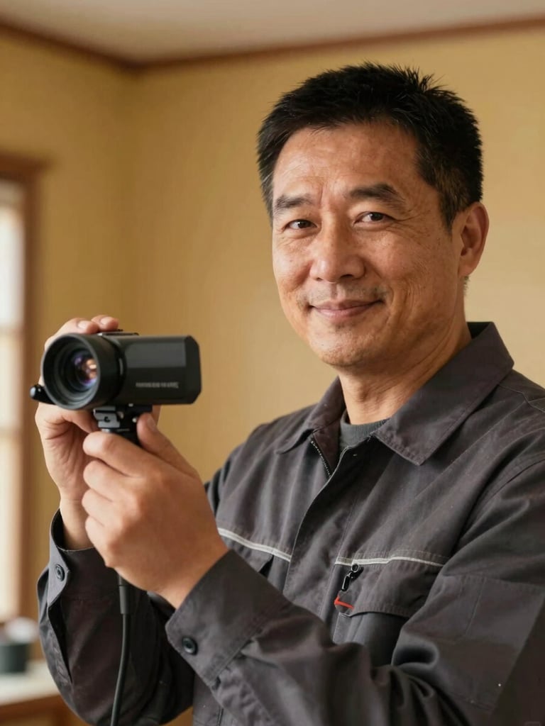Portrait of a certified chimney technician, mid-30s, clean uniform, holding a video inspection camera, looking towards the camera with a friendly, trustworthy expression, warm indoor light, shallow depth of field, 35mm