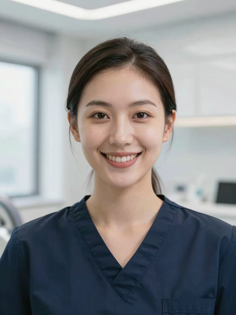 Close-up portrait of a female dentist in clean professional attire, smiling warmly in a softly lit, modern minimalist dental clinic, premium editorial style