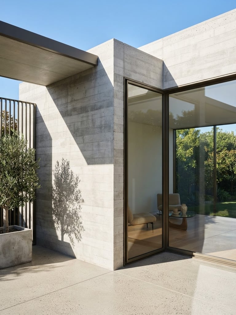 Bright architectural photography of a modern minimalist concrete residence corner, sharp geometric shadows, sun-drenched morning light, 35mm lens, high-end real estate