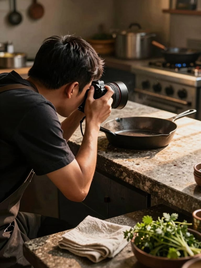 Tight environmental shot from behind a photographer crouching low, shooting a cast-iron pan on a rough stone counter in a dim restaurant prep kitchen, warm golden-hour light raking in from the right, herbs and a linen towel in the foreground, no faces visible