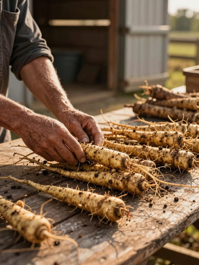 Wide panoramic view from behind a farm worker's hands spreading freshly harvested root vegetables across a weathered wooden table, warm golden-hour light raking across the produce from the right, earthy textures visible, open barn doorway softly blurred in background
