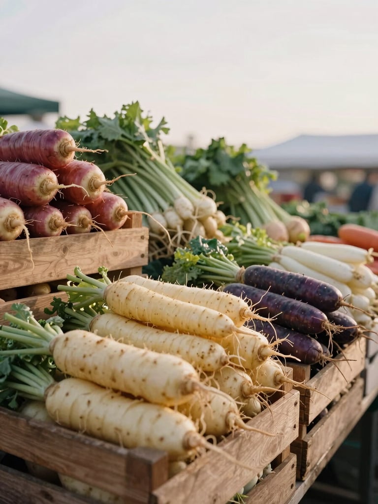 Wide environmental shot of a farmers market stall being arranged at early morning, wooden crates of root vegetables stacked left, soft diffused daylight from the right, no people visible