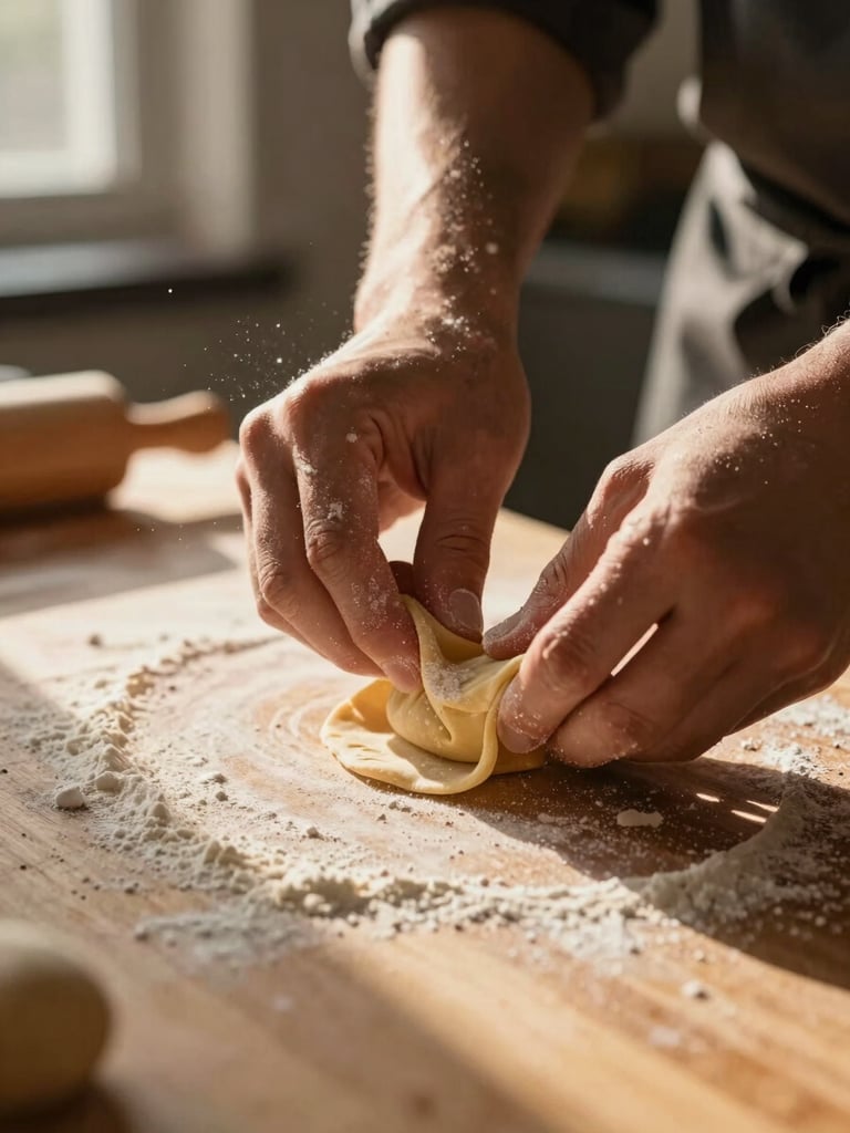 Extreme close-up of a cook's hands folding fresh pasta dough on a floured wooden counter, warm golden-hour light raking across the surface from a low side window, flour dust suspended mid-air, textured and tactile
