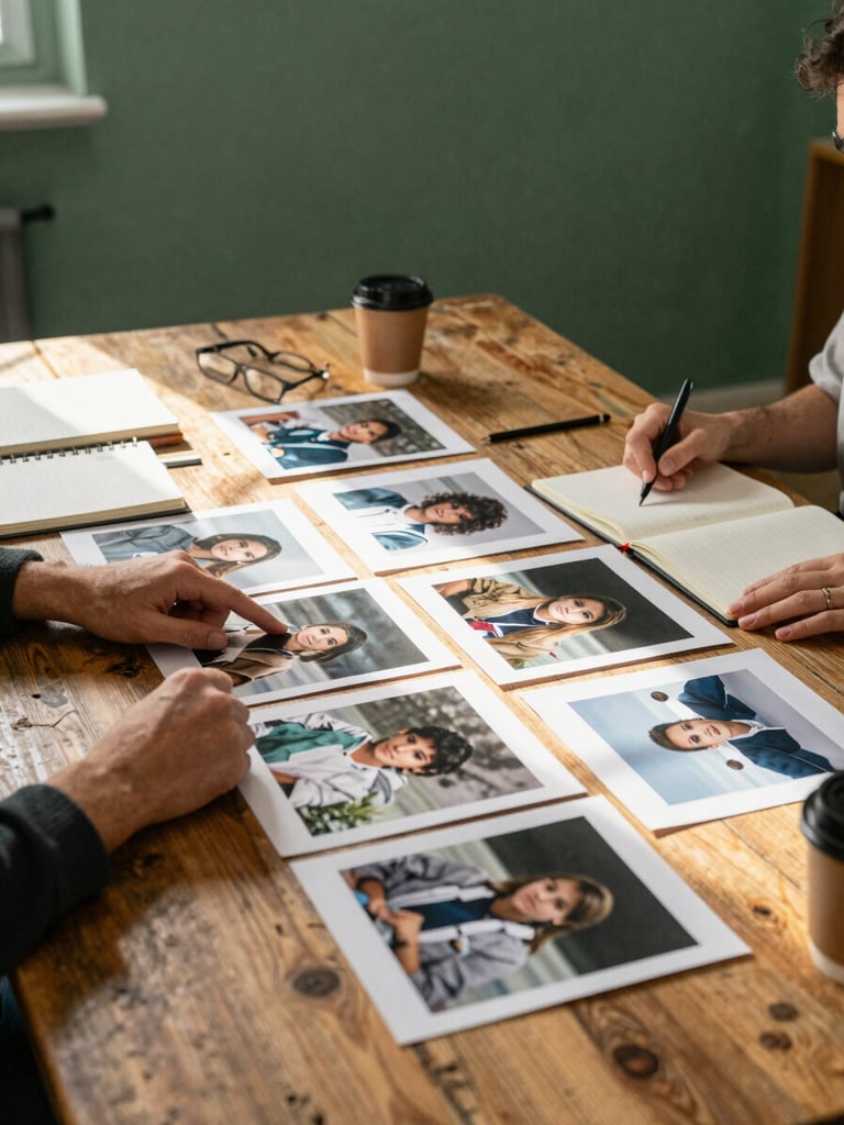 Wide shot from slightly above, agency team reviewing printed content layouts spread across a worn wooden table, warm north-facing daylight falling from the left, one pair of hands pointing at a photograph, notebooks and a coffee cup visible at the edge, matte forest green wall in the background — no faces, no screens