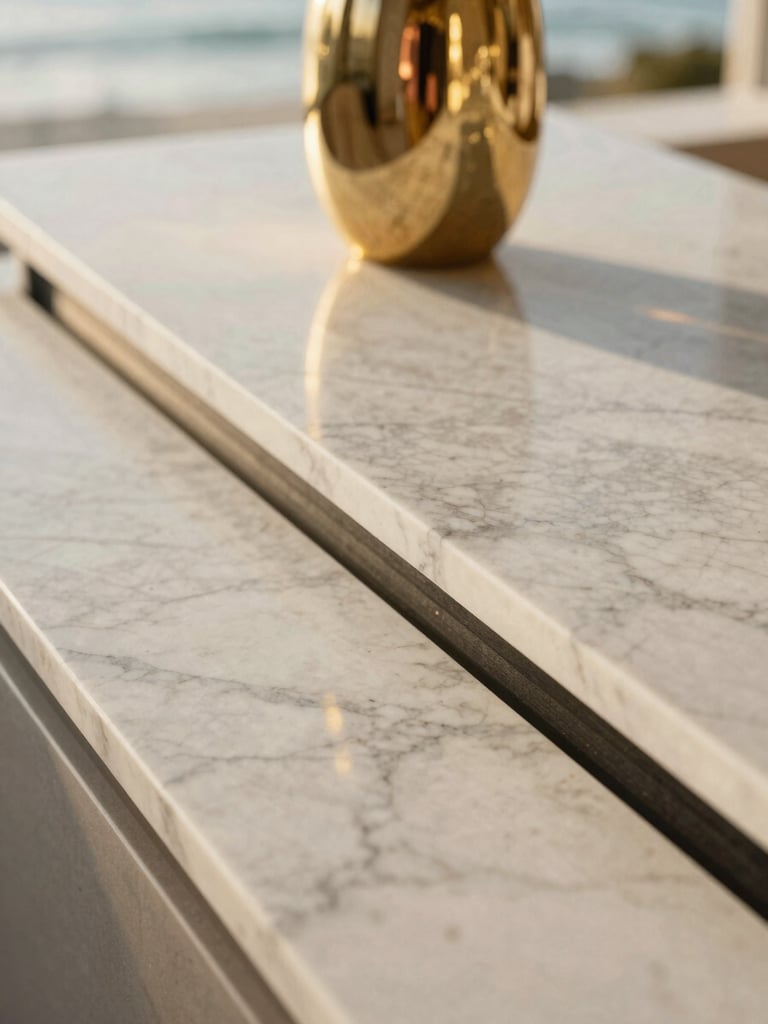 Close-up of high-quality architectural materials, clean marble countertop with a subtle champagne gold vase, soft morning light, shallow depth of field