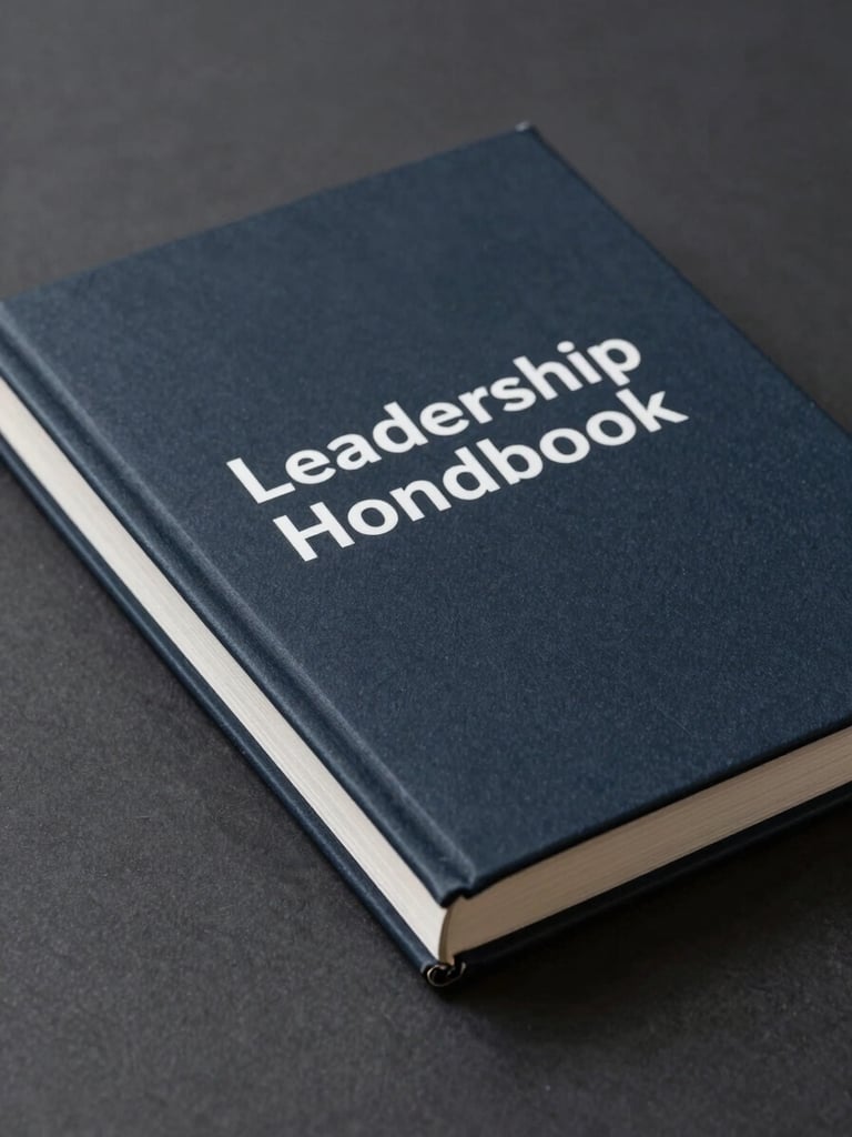 Elegant book cover mockup of a leadership handbook, dark slate background with metallic silver accents, clean editorial design