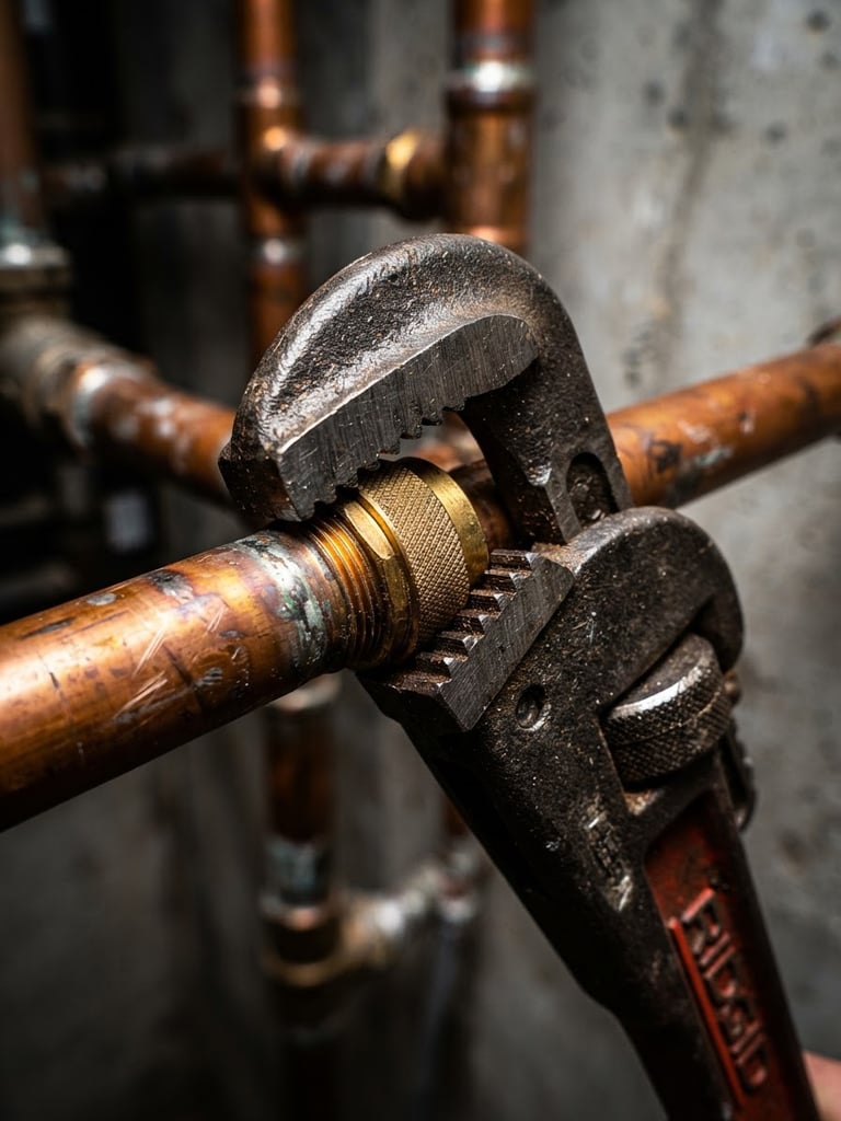 Macro detail of a professional pipe wrench tightening a copper joint, bright high-contrast lighting, orange reflections on metal, sharp focus.