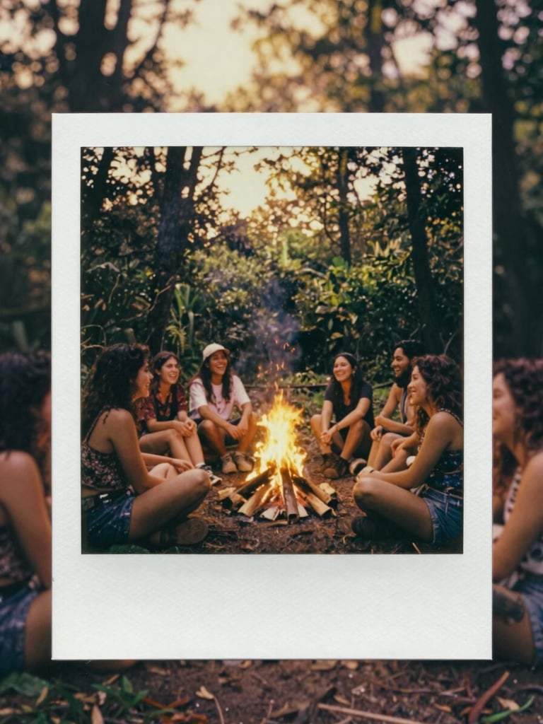 Warm analog Polaroid-style photo of a group of friends sitting around a campfire in a lush forest near CDMX, laughing, golden hour.