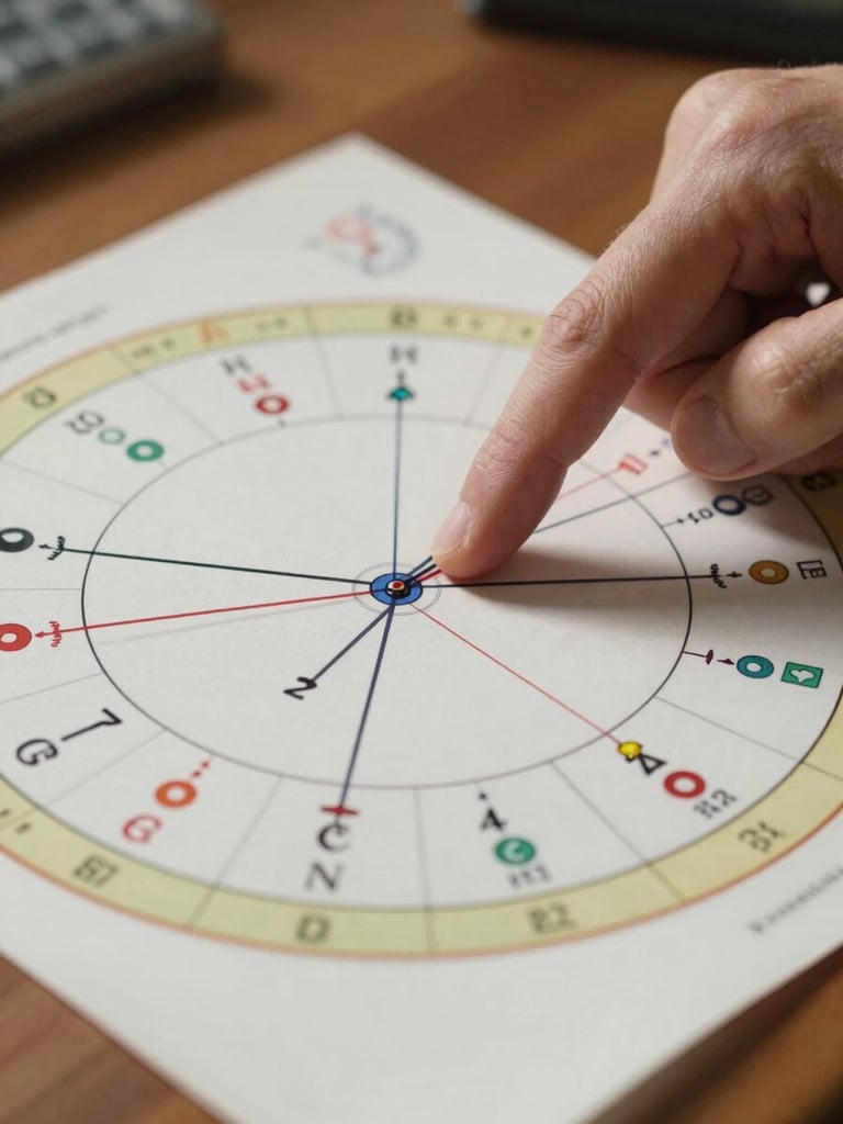 Extreme close-up of a natal chart wheel resting on a wooden desk, a hand with ink-stained fingertips pointing to a planetary aspect line, north-facing daylight casting soft shadows across the chart paper, annotated margins visible at the edge of frame