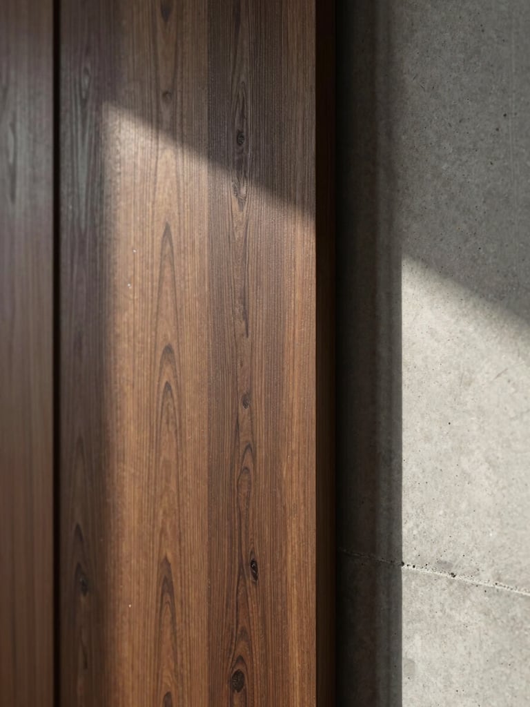 Close-up detail of high-end interior craftsmanship, showing a clean transition where dark wood paneling meets a smooth concrete wall, natural side lighting.