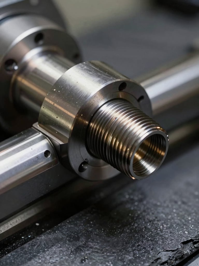 Extreme close-up of custom barrel threading on a precision lathe, metallic turnings, sharp rim lighting, dark slate background.