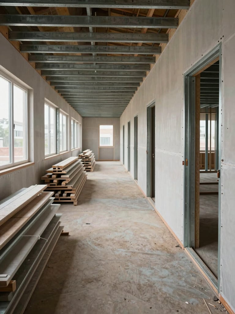 Wide environmental shot of a contained drywall framing site — metal studs aligned in a long corridor, protective sheeting sealed at doorways, building materials staged in neat rows along the left wall, north-facing daylight entering through a row of unglazed window openings, no workers posed, the site reads as organised and mid-progress
