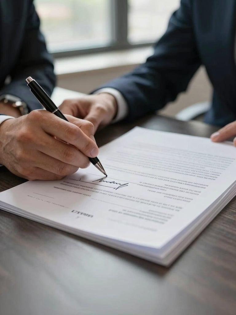 Close-up of a business owner's hand signing a loan document on a desk, natural north-facing window light, pen mid-stroke on the signature line, contract pages fanned to the right, no faces visible