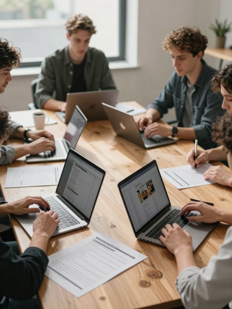 Wide shot of a small agency team around a wooden table, laptops open, printed shot lists and a coffee mug in frame, north-facing window light casting soft shadows across the work surface, one person holding a phone showing a food photograph