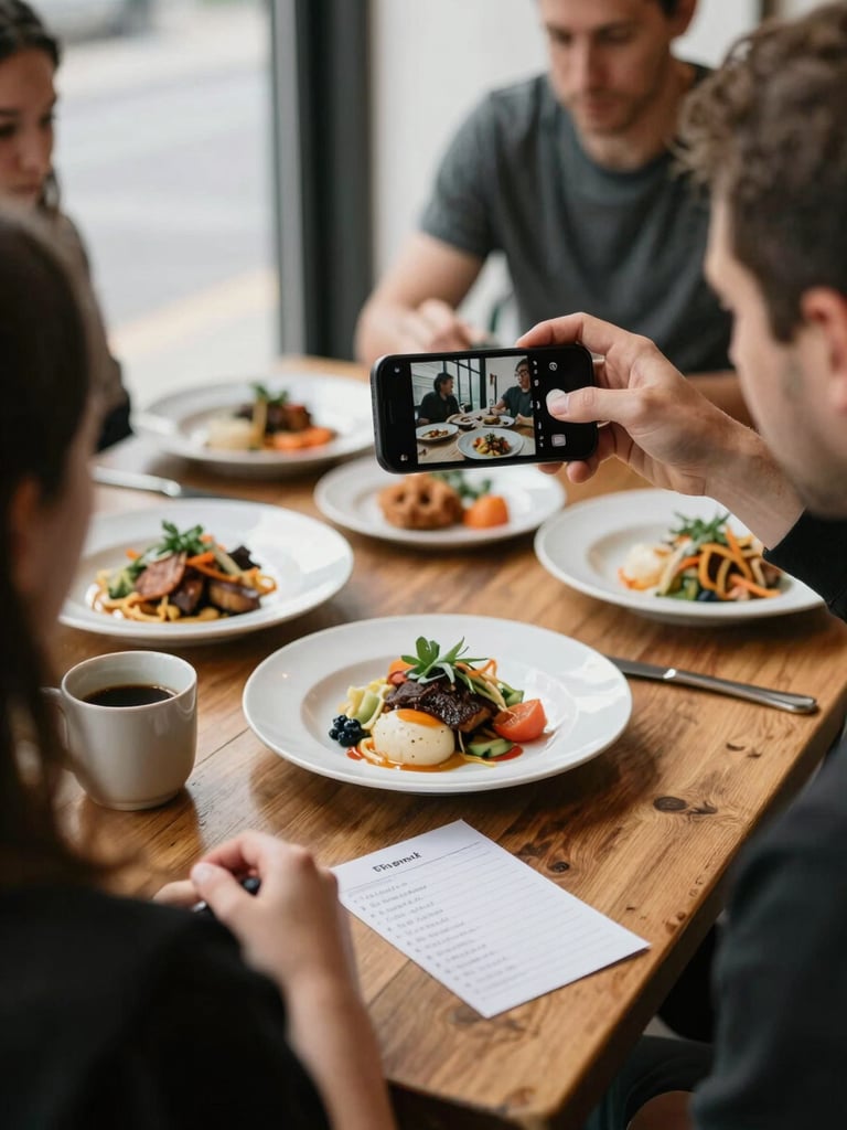 Wide documentary frame, north-facing daylight, agency team member holding a phone at shoulder height framing a shot of freshly plated dishes on a worn wooden restaurant table — a handwritten shot list visible on the surface beside a ceramic coffee cup, natural shadows soft across the scene