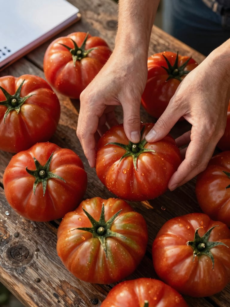 Close-up overhead of hands arranging heirloom tomatoes on a weathered wooden market table, golden hour light raking across the produce, a partial notebook visible at the frame edge