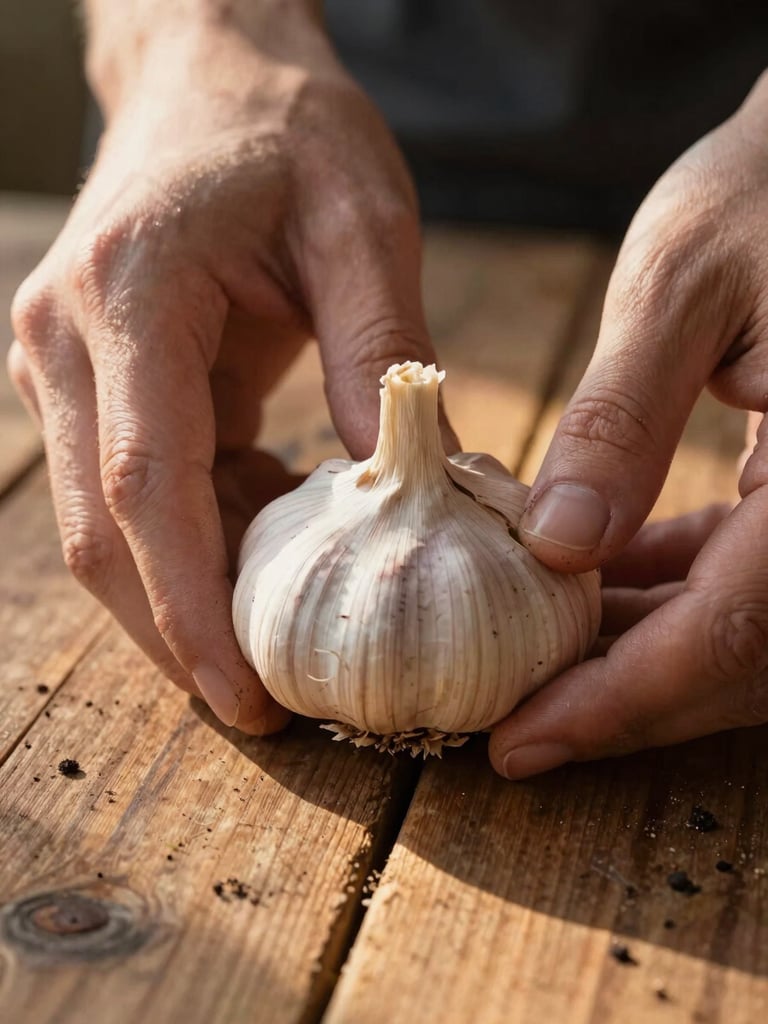 Tight portrait-format shot of hands pressing thumb into a ripe garlic bulb on a rough wooden farm table, golden hour light raking across the texture, soil visible under fingernails