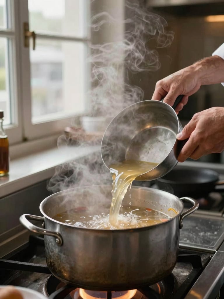 Portrait close-up of a restaurant cook ladling broth from a heavy stockpot near a north-facing kitchen window, steam rising, hands and forearms visible, warm ambient glow from the stove below