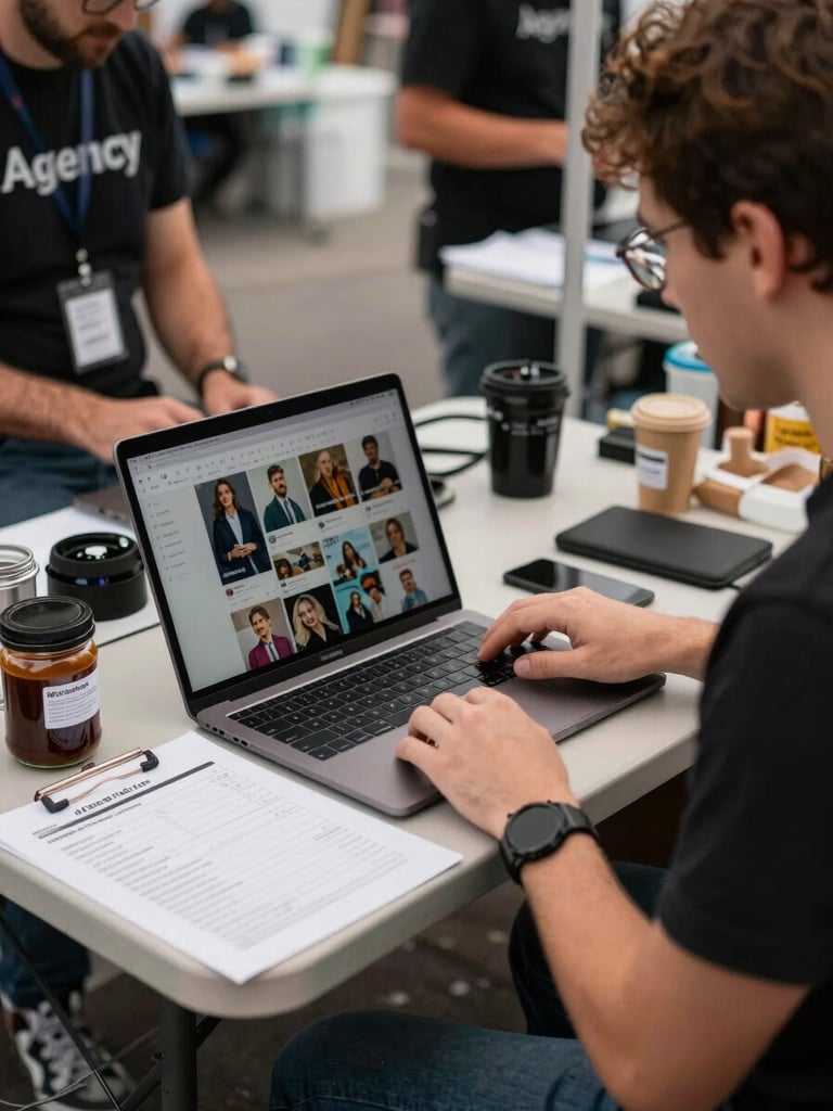 Agency team member at a folding table beside a market stall, laptop open showing a social media grid, a shot list pinned under a jar of coffee, north-facing daylight, documentary style