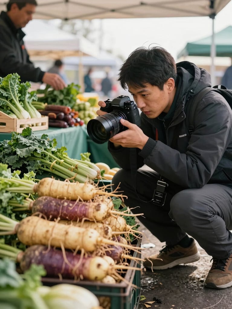 Agency photographer crouching low at a farmers market stall, phone camera aimed at a crate of just-harvested root vegetables, morning light from an open tent side, a vendor's hands visible in the background arranging bundles of kale