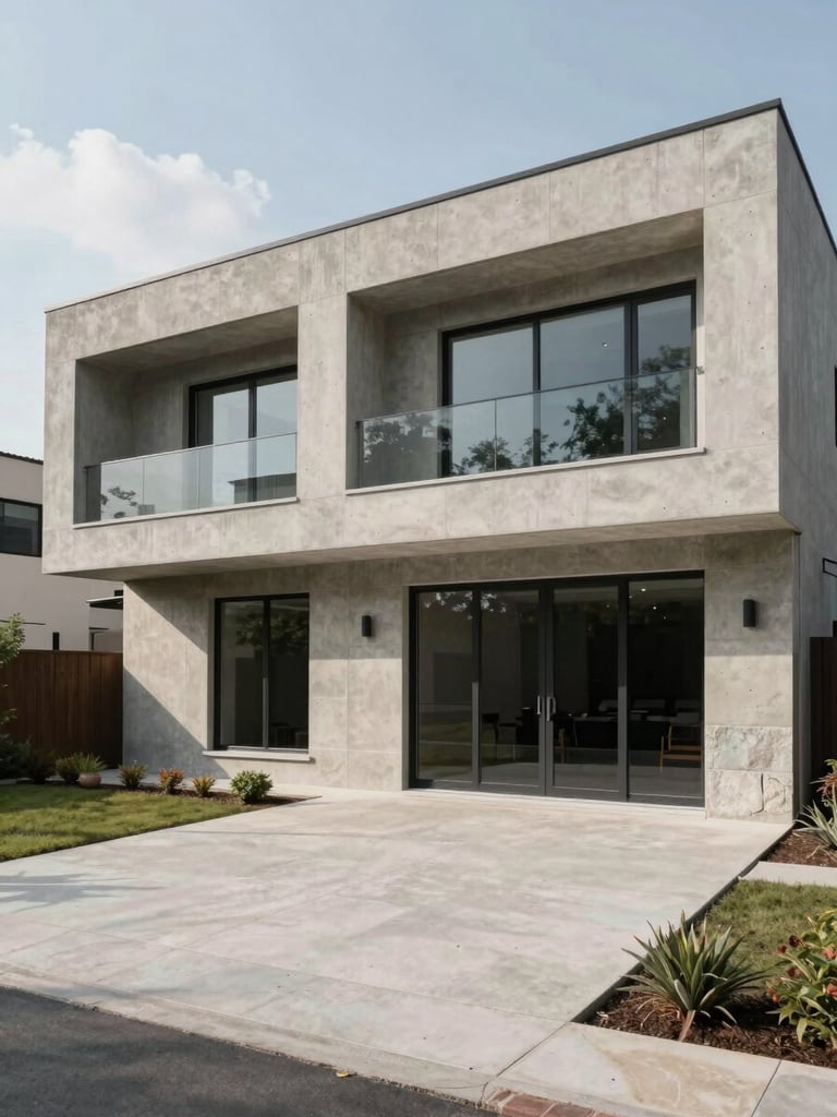 Wide exterior facade of a completed luxury residence in diffused north-facing daylight, concrete and stone materiality visible in sharp detail, clean geometric proportion, empty foreground, no staging