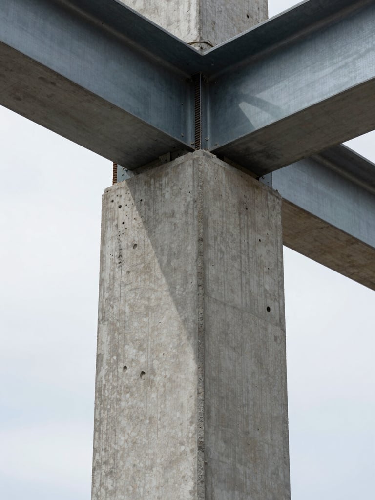 Close-up of a reinforced concrete column meeting a steel beam junction at a construction site in cool diffused daylight, raw material texture visible — aggregate, rebar shadow, precise formwork lines — shot tight from below at a slight upward angle to emphasize structural scale, no people, no debris