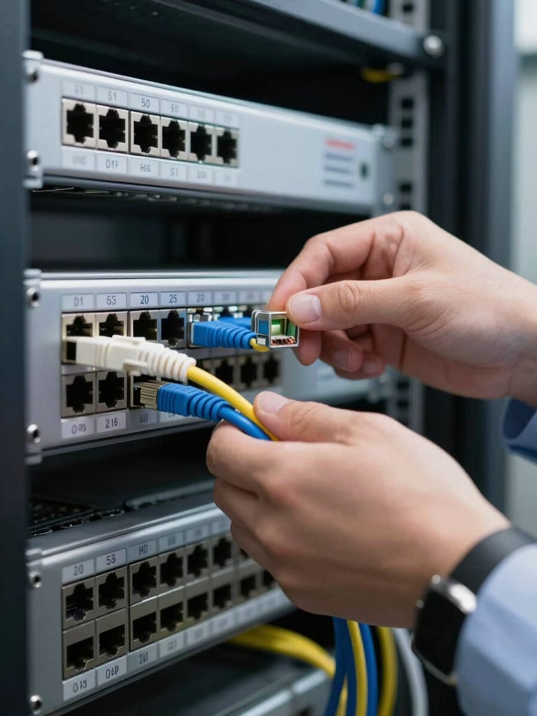 Close-up of a technician's hands routing a network cable into a labeled patch panel inside a server rack, cool overhead fluorescent lighting, crisp focus on the RJ45 connector and port labels, shallow depth of field with rack equipment receding behind