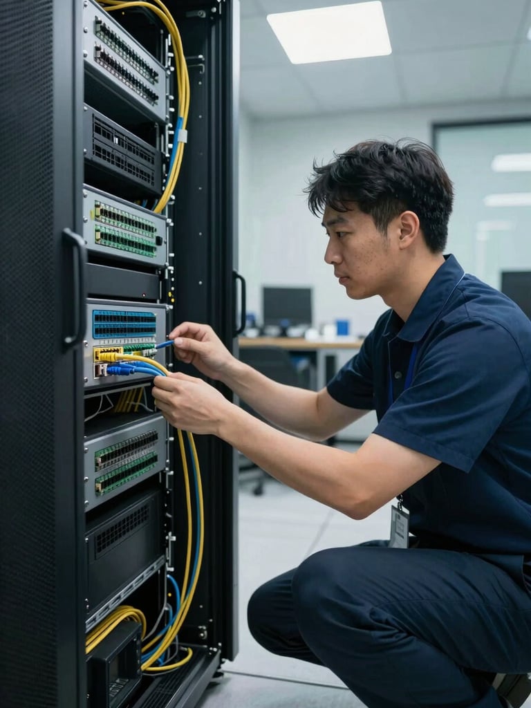 Wide environmental shot, technician crouching beside an open server rack in a client office, hands positioning a network cable into a labeled patch panel, cool overhead fluorescent lighting, clean cable management visible in background, precise and focused framing