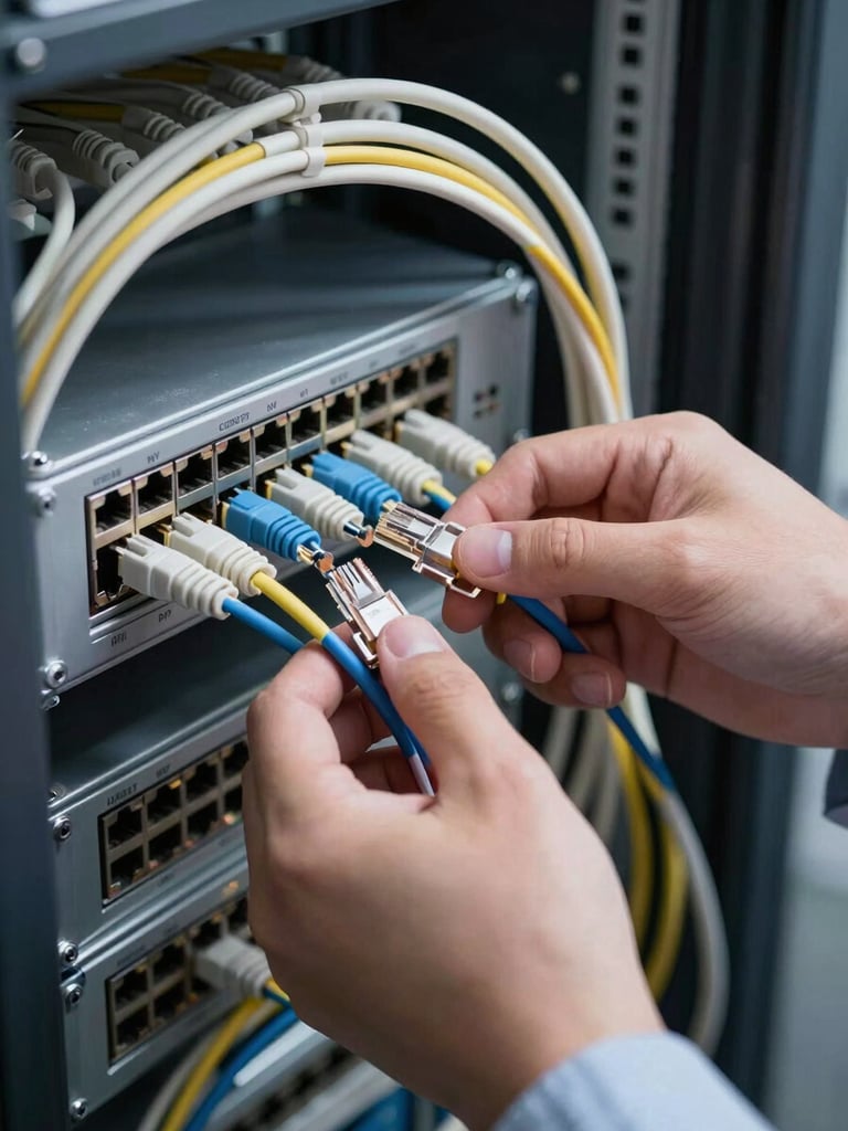 Close-up of a technician's hands routing ethernet cables into a patch panel inside a network closet, cool studio strobe lighting, labeled ports visible, clean organized cable management in the background