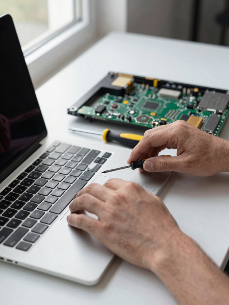 Tight close-up from above of a technician's hands on a laptop keyboard, a screwdriver resting beside an open laptop chassis on a clean white desk, natural window light falling from the left, shallow depth of field on the circuit board