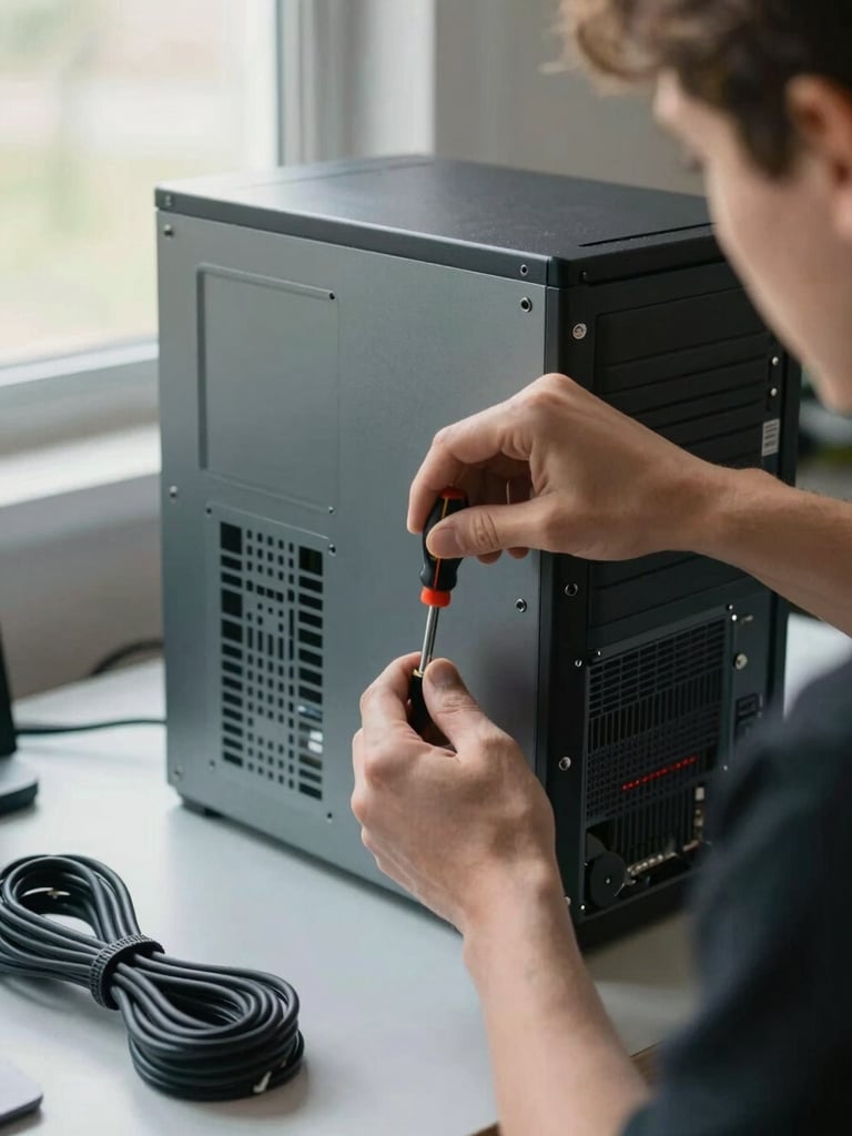 Tight vertical frame, natural daylight from a side window, Jackie's hands guiding a screwdriver into the back panel of a desktop computer on a clean workbench, cables neatly bundled to one side, focus sharp on the hands and tool