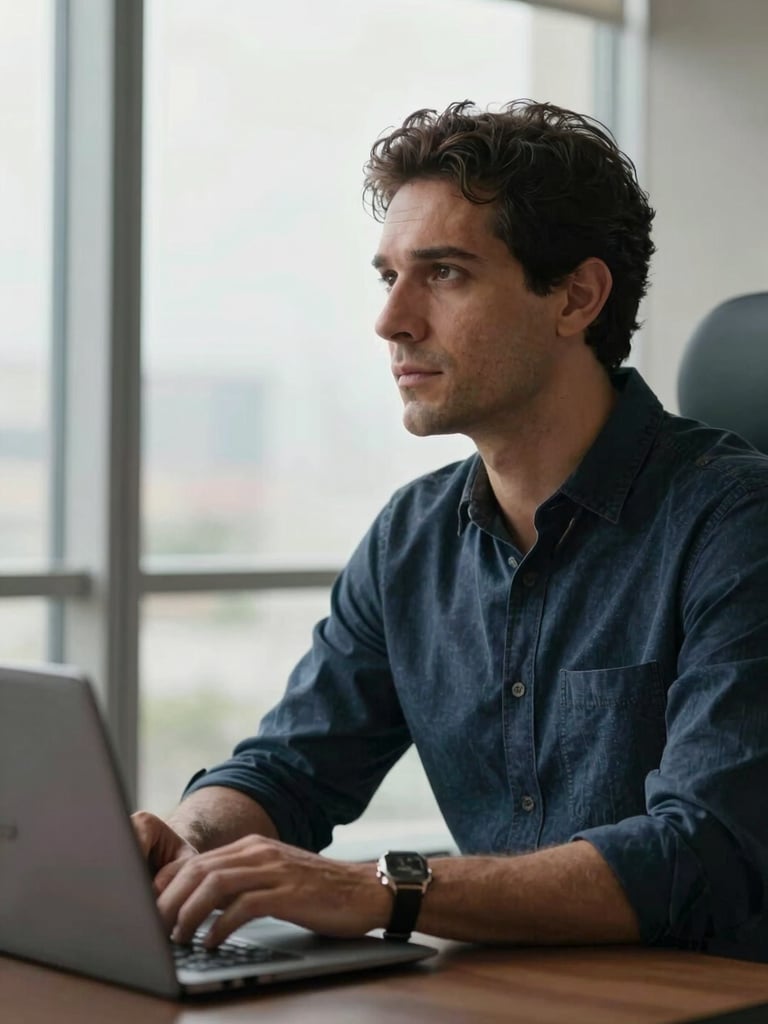 Retrato editorial cinematográfico em plano médio de Marcelo Motta em seu escritório de alto padrão, olhando pensativo em direção à janela, iluminação natural suave, foco nítido.