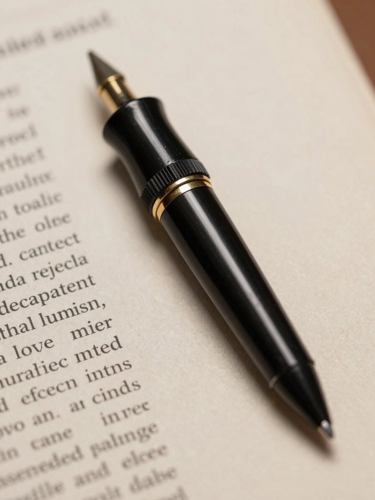 Detalhe tátil em close-up de uma caneta tinteiro clássica de luxo repousando sobre um documento jurídico impresso em papel texturizado encorpado, luz natural suave.