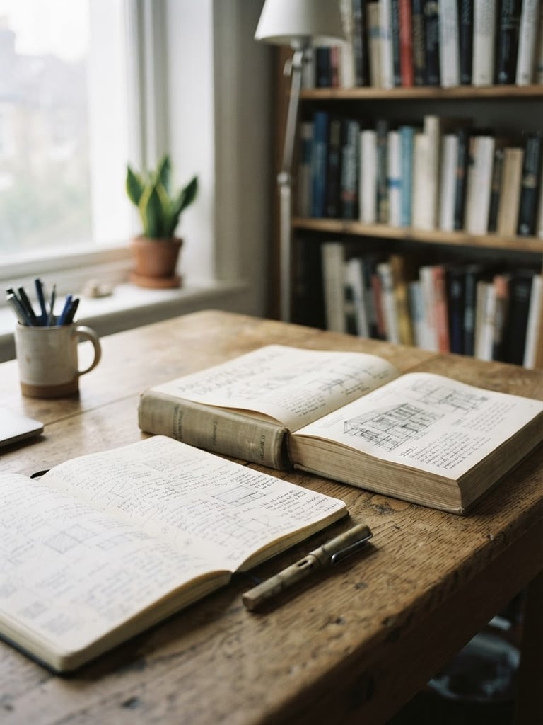 A quiet, natural working environment with soft, diffused north-facing window light illuminating a wooden desk with open notebooks and reference volumes.