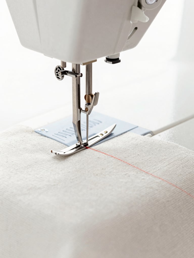 Macro detail shot of a clean sewing machine needle mid-stitch on crisp linen fabric, bright natural studio light, sharp focus, 35mm