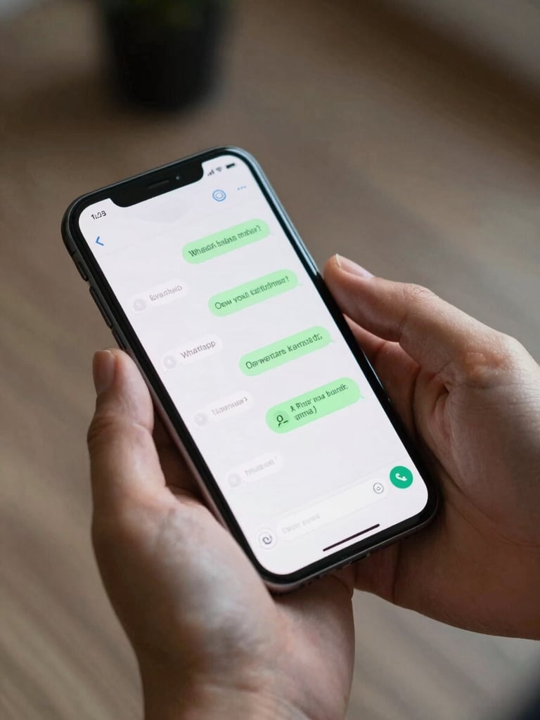 Hands typing on a smartphone mid-conversation in a WhatsApp thread, crisp professional indoor light from the side, close-up framing showing the screen with message bubbles and a quick-reply suggestion from an AI visible at the bottom