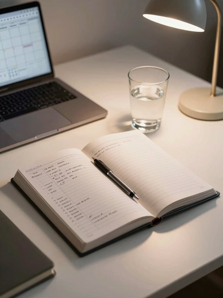 Organized desk surface from a slight angle, open planner with handwritten schedule entries, a pen, a glass of water, and a laptop showing a calendar grid, warm desk lamp light from the right, muted cream and charcoal tones