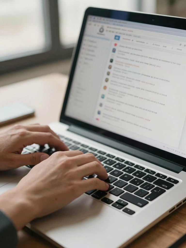 Close-up of hands typing on a laptop keyboard, email inbox visible on screen with multiple unread messages, soft office daylight from a window to the left, muted tones of cream and dark blue