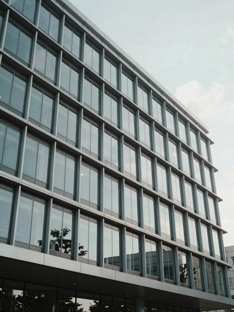 Modern corporate building facade in Wilmington, clean architectural lines of steel and glass, bright neutral daylight, cool tones, wide angle.