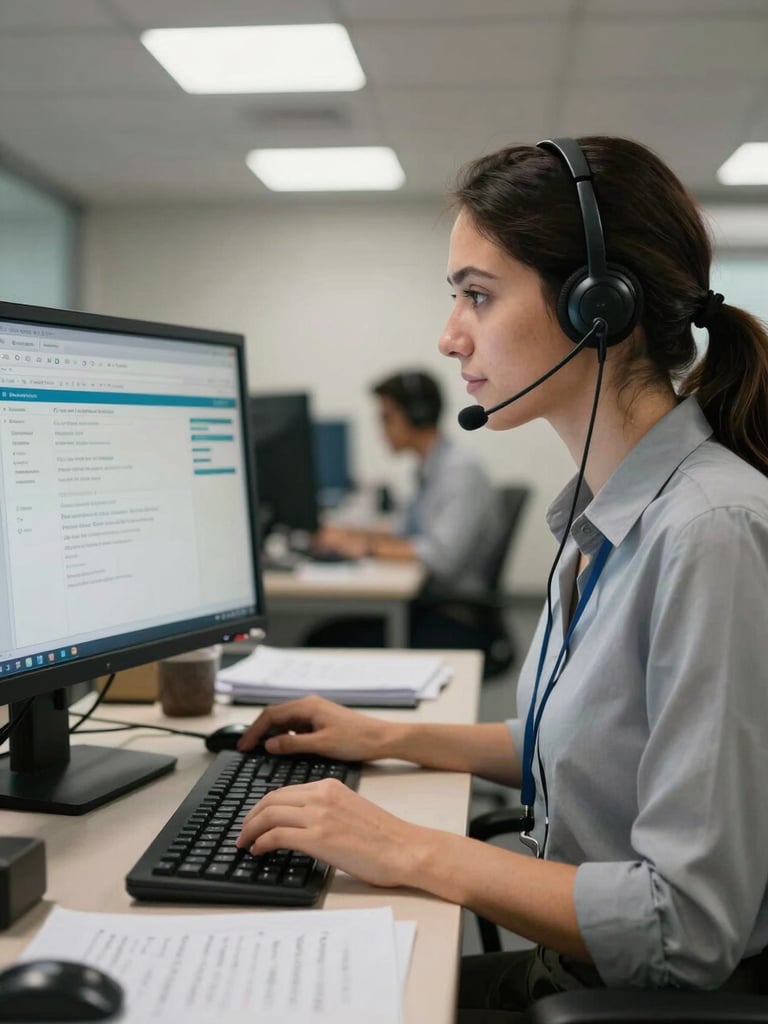 Close-medium shot of a call center agent at a workstation, headset on, eyes on a monitor displaying a CRM dashboard, notes handwritten beside the keyboard, honest overhead fluorescent lighting, São Paulo office environment, no posed expression