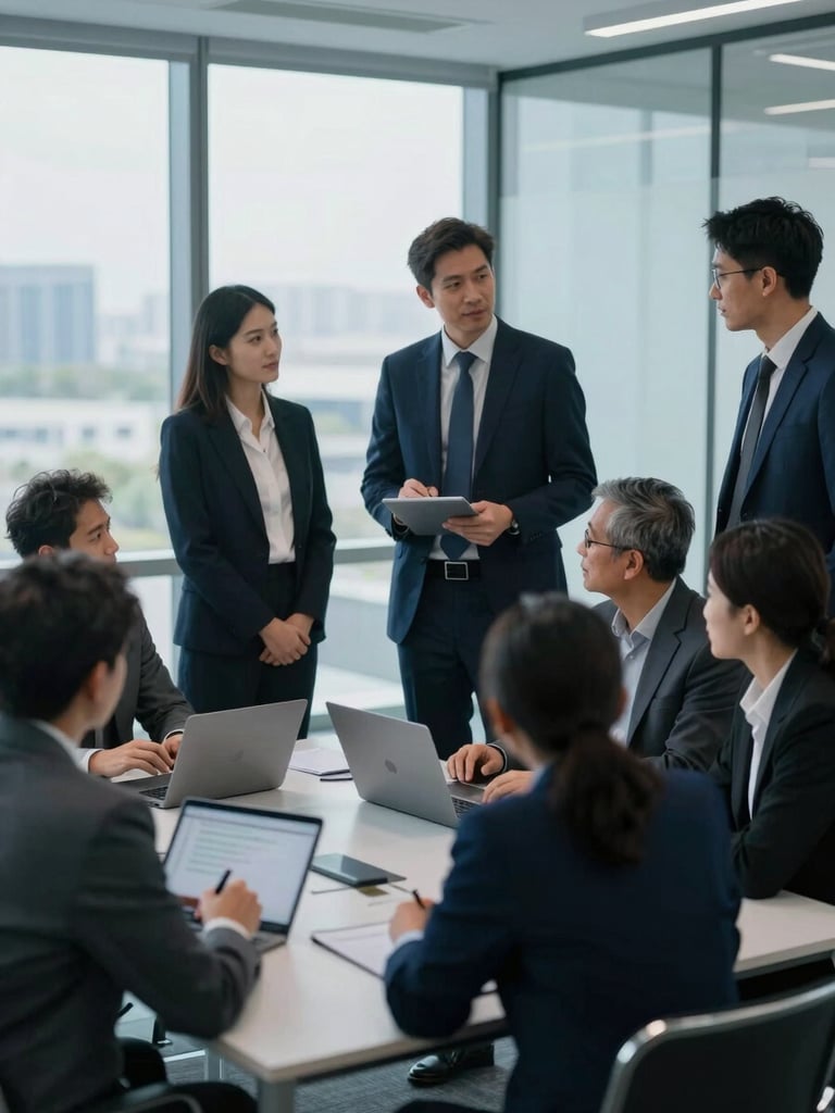 Diverse business executives collaborating in a modern, high-tech office with architectural lines. Cool office daylight with subtle blue ambient tones, deep navy and slate shadows, 35mm lens, shallow depth of field, framed from a slight high angle.