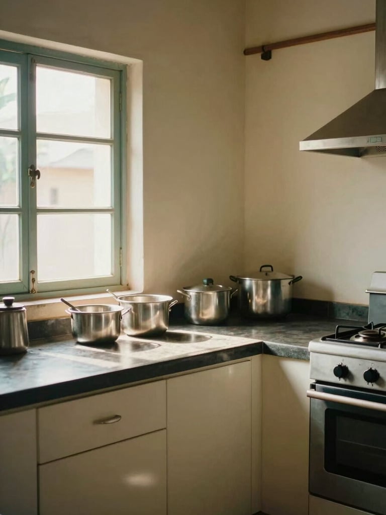 Medium environmental shot of a tidy residential kitchen in a Mysuru PG, natural daylight from a side window illuminating a clean counter with steel vessels and a gas stove, warm cream walls, no people, honest documentary framing