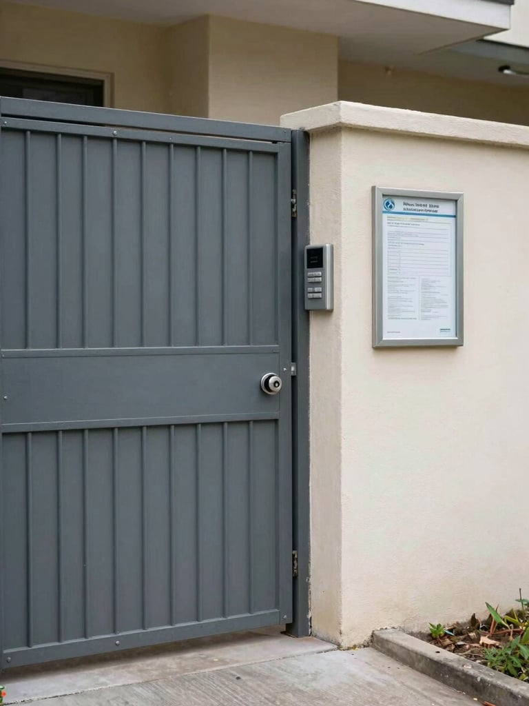 Medium environmental shot of a residential PG entrance gate, a metal gate with a lock and intercom panel, soft daylight, a small notice board on the wall beside it, clean paved path leading in, honest documentary framing, no people