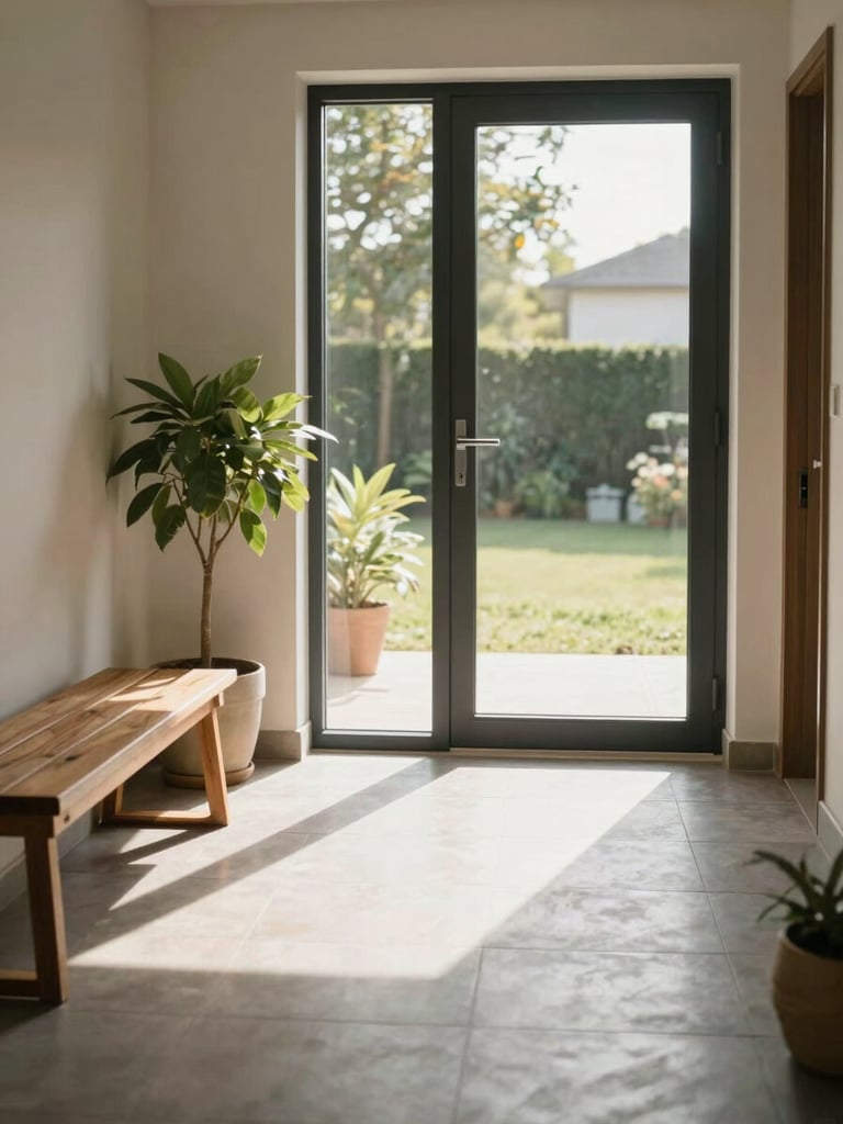 Bright entryway of a well-maintained women's PG, natural daylight streaming through a glass door onto a clean tiled floor, a wooden bench and potted plant visible to the left, calm residential atmosphere