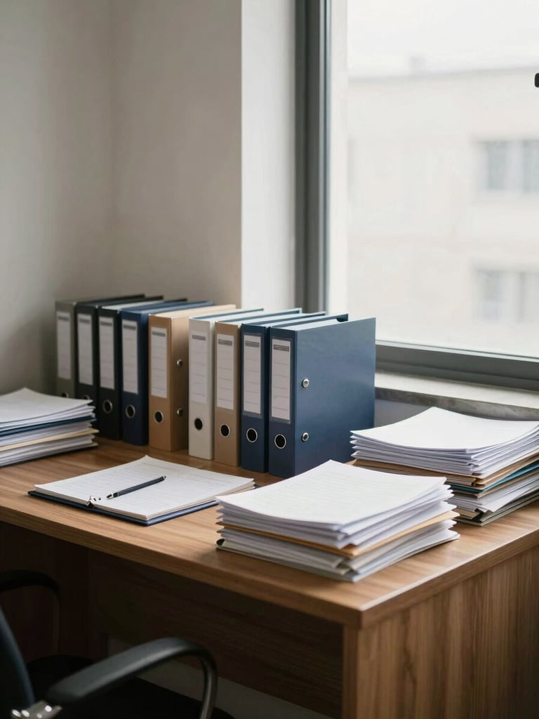 Wide shot of an organized, quiet professional office interior — a wooden desk with neatly stacked folders and binders, soft neutral daylight through a frosted window, no people present, clean and orderly environment