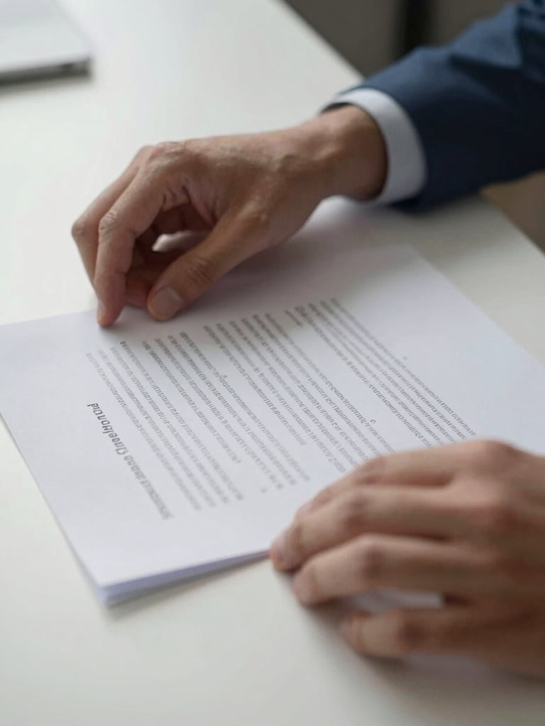 Close-up of hands carefully reviewing a printed contract document on a clean office desk, neutral daylight from the left side, crisp paper edges visible, no people's faces shown