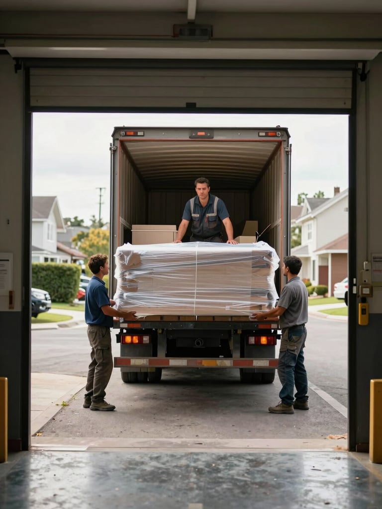 Wide documentary shot framed from a loading bay entrance, a man in work clothes standing at the back of a large moving truck directing two workers carrying wrapped furniture, natural daylight flooding in from the left, real residential street visible in the background, focus on coordination and scope
