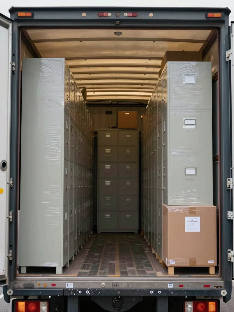 Wide panoramic view inside a large moving truck fully loaded with wrapped office furniture, filing cabinets, and labeled boxes arranged in tight methodical rows, shot from the truck doors looking inward under available warehouse lighting, showing systematic organization and protective wrapping on every item